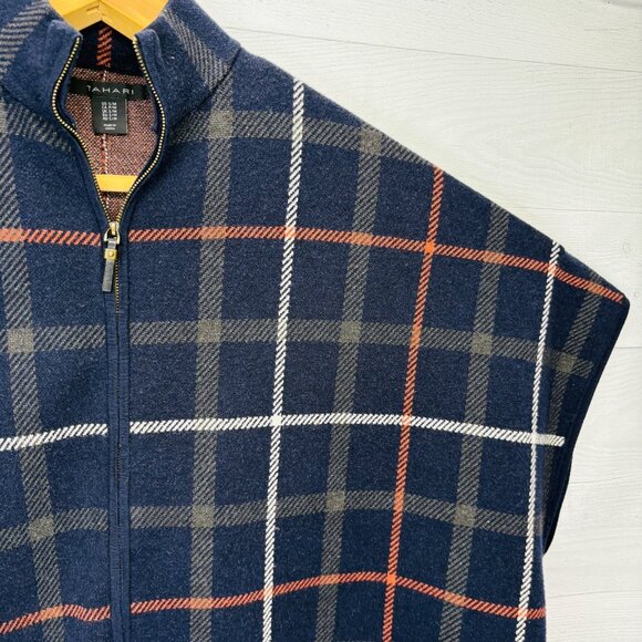 Tahari Plaid Zip Front Poncho Cape Sweater Knit Navy Multicolor Women’s S/M - Picture 4 of 15